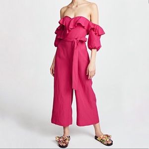 Club Monaco Linen Blend Ruffle Wide Leg Belted Rakita Hot Pink Jumpsuit
